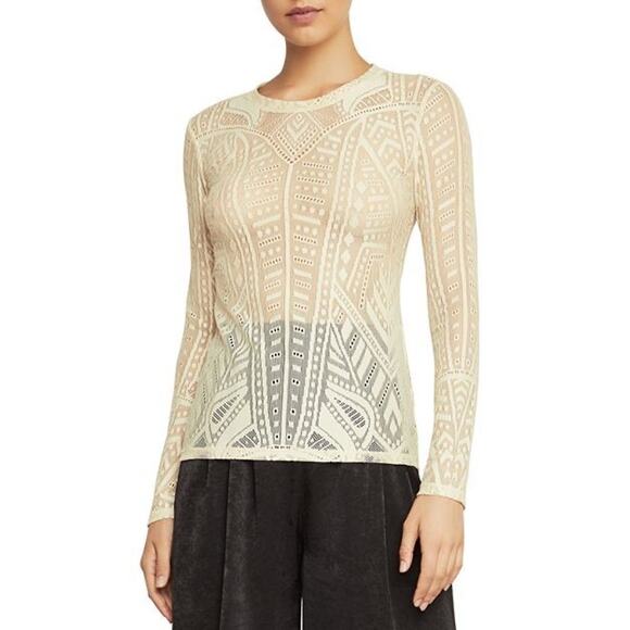 BCBGMaxAzria Agda Cream Sheer Geometric Lace Long Sleeve Top Size Medium - Picture 1 of 12